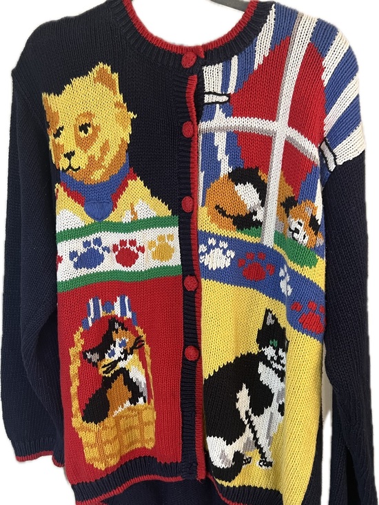 Alexandra Bartlett Sweaters - Alexandra Bartlett Vintage 90’s Hand Knit Women Navy/multi Cat Cardigan